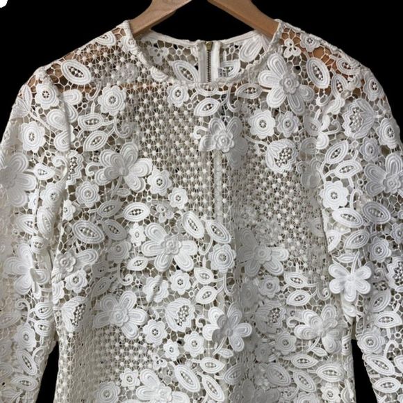 Self-Portrait 3D Flower White Lace Long Sleeve Mini Dress Size 8 - Picture 5 of 15